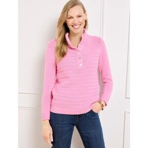 NWT Talbots Womens Pink Wool Blend Half Button Knit Sweater Size L Barbie Preppy